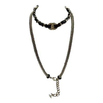 Pre-owned Chanel Metal Lambskin Cc Turnlock Leather Choker Necklace Belt Black