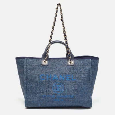 Pre-owned Chanel Metallic Blue Straw And Leather Medium Deauville Shopper Tote