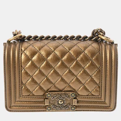 Pre-owned Chanel Metallic Bronze Leather Small Boy Bag