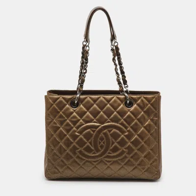 Pre-owned Chanel Metallic Bronze Quilted Caviar Leather Grand Gst Shopping Tote In Gold