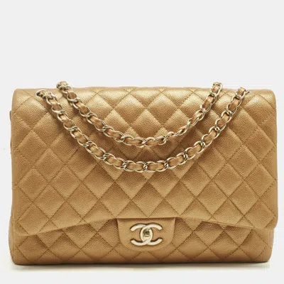 Pre-owned Chanel Metallic Brown Quilted Caviar Leather Maxi Classic Double Flap Bag In Silver