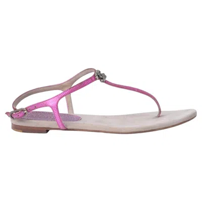 Pre-owned Chanel Metallic Fuchsia Leather Cc Thong Sandals - '10s In Gray