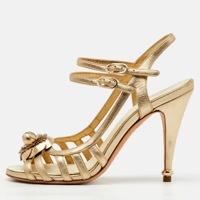 Pre-owned Chanel Metallic Gold Leather Cc Camellia Ankle Strap Sandals Size 39