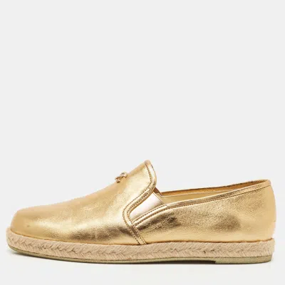 Pre-owned Chanel Metallic Gold Leather Cc Slip On Espadrilles Flats Size 38