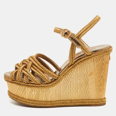 Pre-owned Chanel Metallic Gold Woven Thread Platform Wedge Sandals Size 39