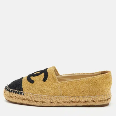 Pre-owned Chanel Metallic Gold/black Tweed Cc Espadrille Flats Size 37