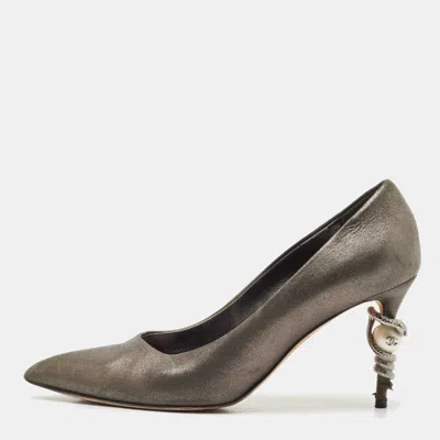 Pre-owned Chanel Metallic Grey Leather Snake Embellished Heel Pumps Size 38.5 In Silver