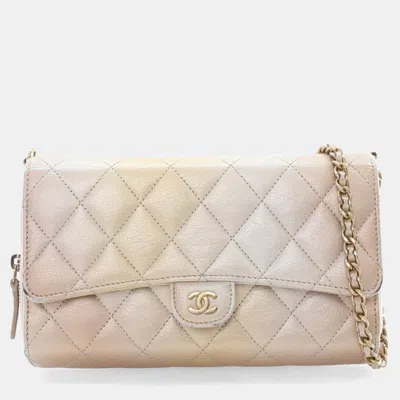 Pre-owned Chanel Metallic Lambskin Phone Holder Wallet On Chain (woc) In Gold