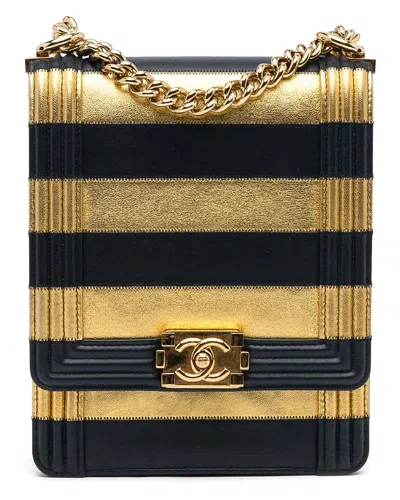 Pre-owned Chanel Metallic Leather Paris-new York North South Boy Flap (authentic Pre-  Loved)