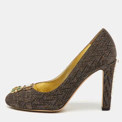 Pre-owned Chanel Metallic Lurex Fabric Cc Pearl Heel Pumps Size 37.5 In Silver