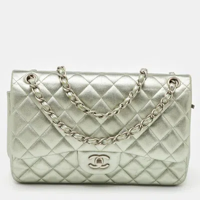 Pre-owned Chanel Metallic Mint Green Quilted Leather Jumbo Classic Double Flap Bag In Silver