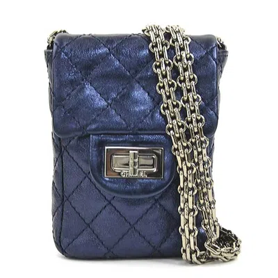 Pre-owned Chanel Metallic Navy Leather Pouch Shoulder Bag ()