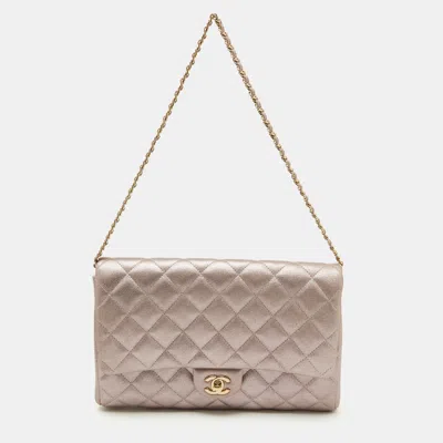 Pre-owned Chanel Metallic Pink Quilted Leather Chain Flap Clutch In Beige