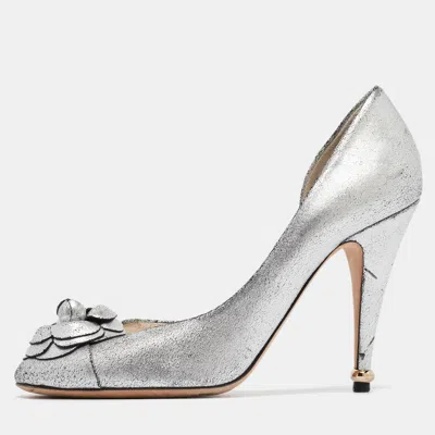 Pre-owned Chanel Metallic Silver Leather Camellia D'orsay Pumps Size 39.5