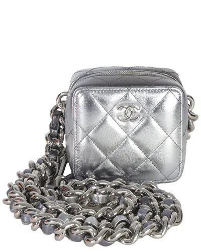 Chanel Metallic; Silver Leather Metallic Quilted Coco Punk Clutch With Chain (authentic Pre-loved) In Gray