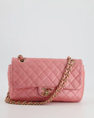 Pre-owned Chanel Metallic Single Flap Shoulder Bag In Lambskin Leather With Gold And Precious Stone Hardware In Pink