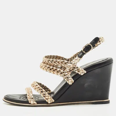 Pre-owned Chanel Metallic Woven Leather Ankle Strap Wedge Sandals Size 37.5