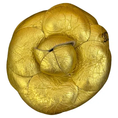 Pre-owned Chanel Métiers D'art Paris Nyc 2019 Egyptian Gold Leather Camélia Brooch In Multi