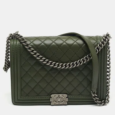 Pre-owned Chanel Military Green Quilted Leather Large Boy Flap Bag