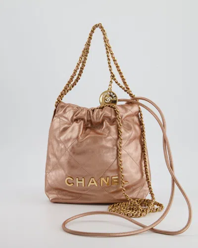 Pre-owned Chanel Mini 22 Bag In Shiny Bronze Calfskin Leather With Gold Hardware