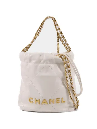 Pre-owned Chanel Mini 22 Chain-strap Calfskin Tote Bag In White