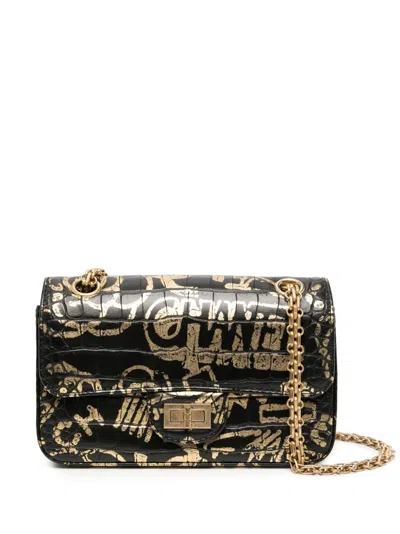 Pre-owned Chanel Mini 2.55 Reissue Graphic-print Shoulder Bag In Black