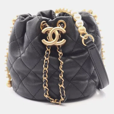 Pre-owned Chanel Mini About Pearls Black Quilted Calfskin Leather Drawstring Bucket Bag