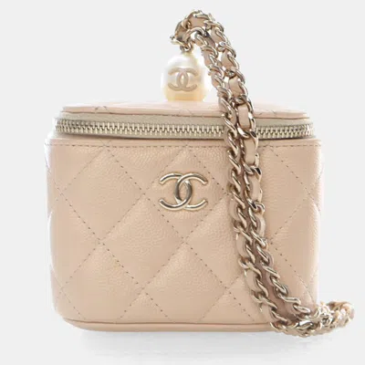 Pre-owned Chanel Mini Beige Caviar Pearl On Top Vanity Case In Sand