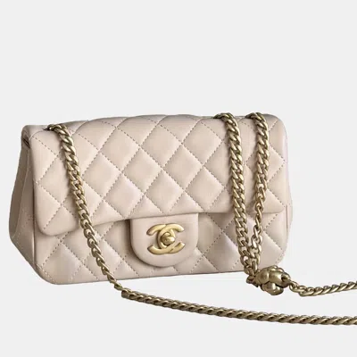 Pre-owned Chanel Mini Beige Lambskin Camellia Clasp Chip Model In Sand