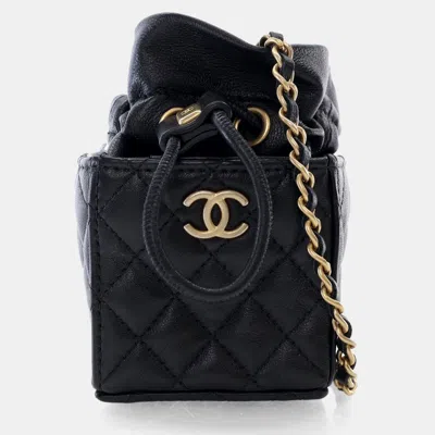 Pre-owned Chanel Mini Black Lambskin Drawstring Bucket Bag