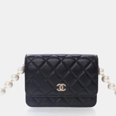 Pre-owned Chanel Mini Black Lambskin Maxi Pearls Clutch On Chain