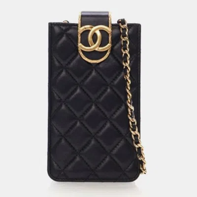 Pre-owned Chanel Mini Black Lambskin Phone Holder With Chain