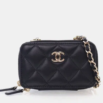 Pre-owned Chanel Mini Black Lambskin Trendy Cc Cardholder With Chain
