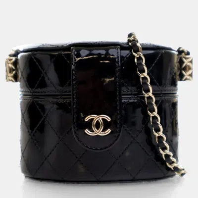 Pre-owned Chanel Mini Black Patent Round Vanity Case With Chain