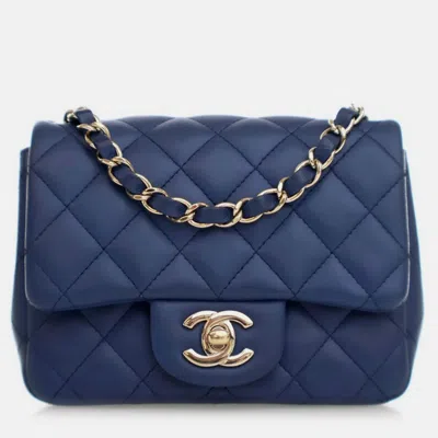 Pre-owned Chanel Mini Blue Lambskin Square Classic Flap Bag