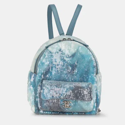 Pre-owned Chanel Mini Blue Sequins And Lambskin Waterfall Backpack