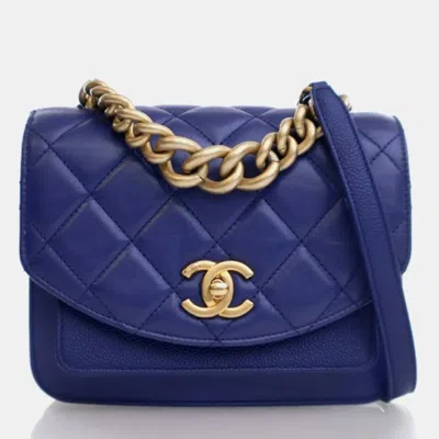 Pre-owned Chanel Mini Calfskin Chain Handle Flap Bag In Blue