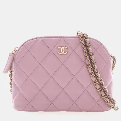 Pre-owned Chanel Mini Caviar Dome Zip Clutch With Chain In Pink