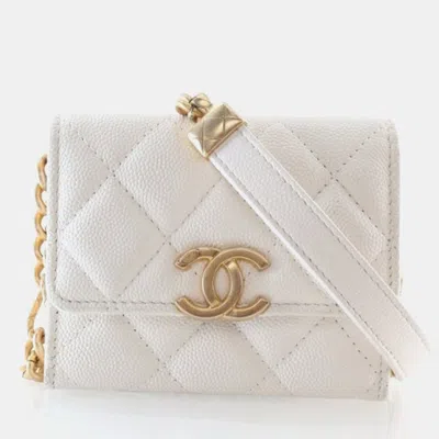 Pre-owned Chanel Mini Caviar Quilted On Chain Clutch In White
