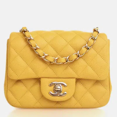 Pre-owned Chanel Mini Caviar Square Classic Flap Bag In Yellow