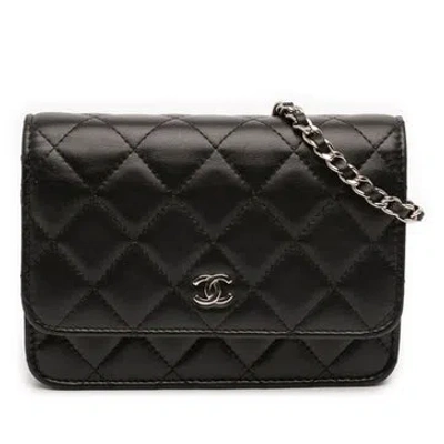 Pre-owned Chanel Mini Cc Lambskin Wallet On Chain In Black