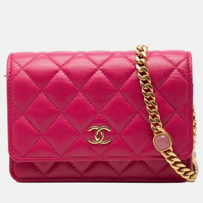 Pre-owned Chanel Mini Cc Pearl Samba Pink Quilted Lambskin Wallet On Chain Bag