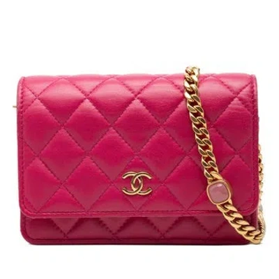 Pre-owned Chanel Mini Cc Quilted Lambskin Pearl Samba Wallet On Chain In Pink