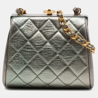 Pre-owned Chanel Mini Cc Quilted Metallic Silver Lambskin Frame Crossbody Bag