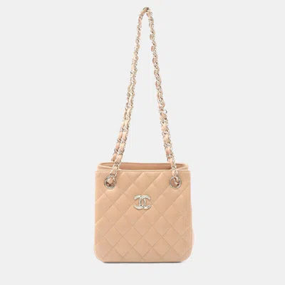 Pre-owned Chanel Mini Chain Bucket Shoulder Bag Lambskin Sheep Leather Beige Cc In Sand