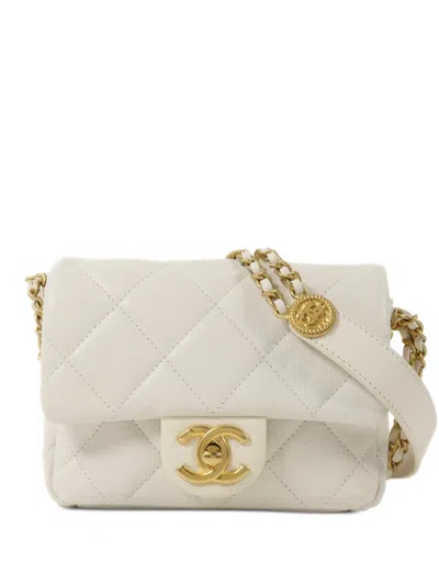 Pre-owned Chanel Mini Coins Flap Quilted Cc Turn-lock Shoulder Bag In White