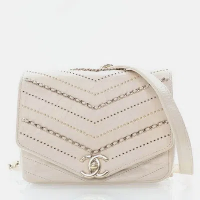 Pre-owned Chanel Mini Cream Crinkled Calfskin Square Chain Sequins Chevron Flap Bag In White