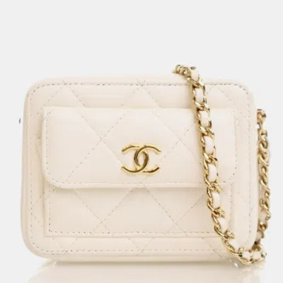 Pre-owned Chanel Mini Cream Lambskin Vanity Bag In White