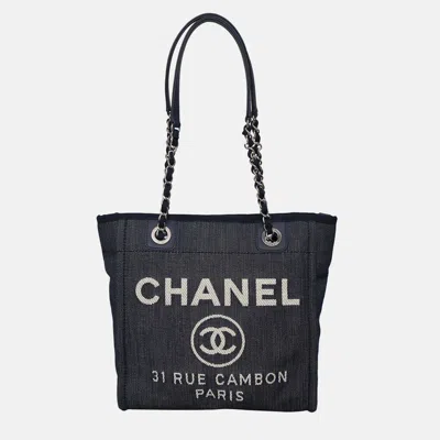 Pre-owned Chanel Mini Deauville Navy Blue Canvas Tote Bag