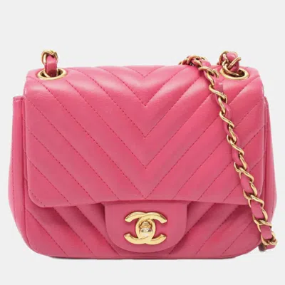 Pre-owned Chanel Mini Flap Bag Chevron V Stitch Shoulder Lambskin (sheepskin) Pink